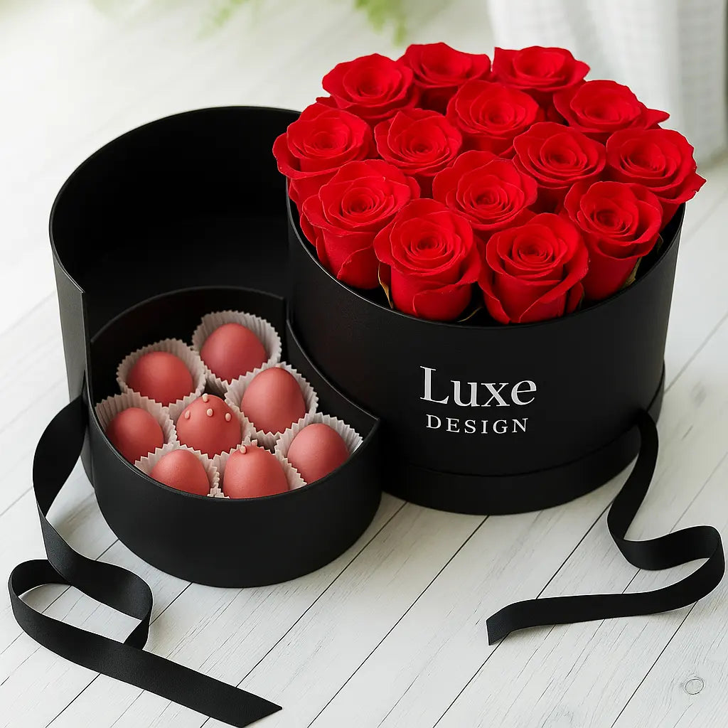 Boîte élégance – Roses & fraises en chocolat - Luxe Design